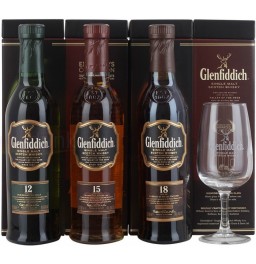 Виски Glenfiddich, gift set with 3 bottles (12 YO, 15 YO, 18 YO) &amp; glass, 200 мл