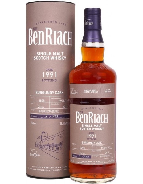 Виски Benriach, "Cask Bottling" Burgundy Cask 26 Years (cask #6898), 1991, in tube, 0.7 л