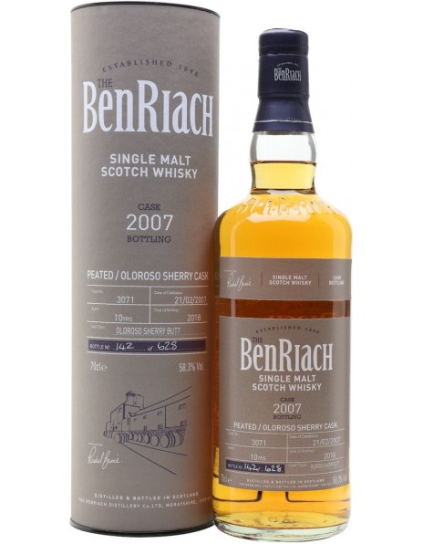 Виски Benriach, "Cask Bottling" Peated Oloroso Sherry Cask 10 Years (cask #3071), 2007, in tube, 0.7 л