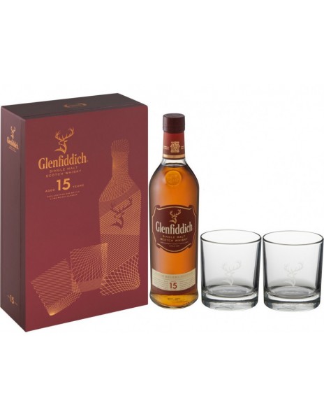 Виски "Glenfiddich" 15 Years Old, gift box with 2 glasses, 0.75 л